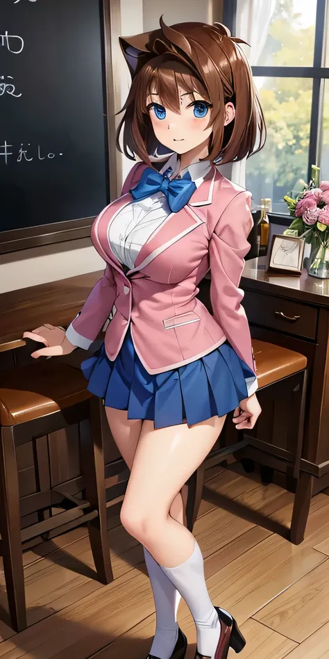 1 Female,High definition,high resolution,Ultra-realistic,8K, aamazaki, (antenna hair:1.2), blue bowtie,blue eyes, pink jacket, blazer, long sleeves, blue skirt, tight skirt, ((miniskirt)),European,sexy,Upper body close-up,Photographed from the front,Dynami...