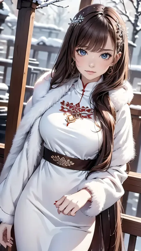 Young woman with beautiful white skin, long brown hair, wearing winter mink clothes red colour, beautiful, snowy atmosphere