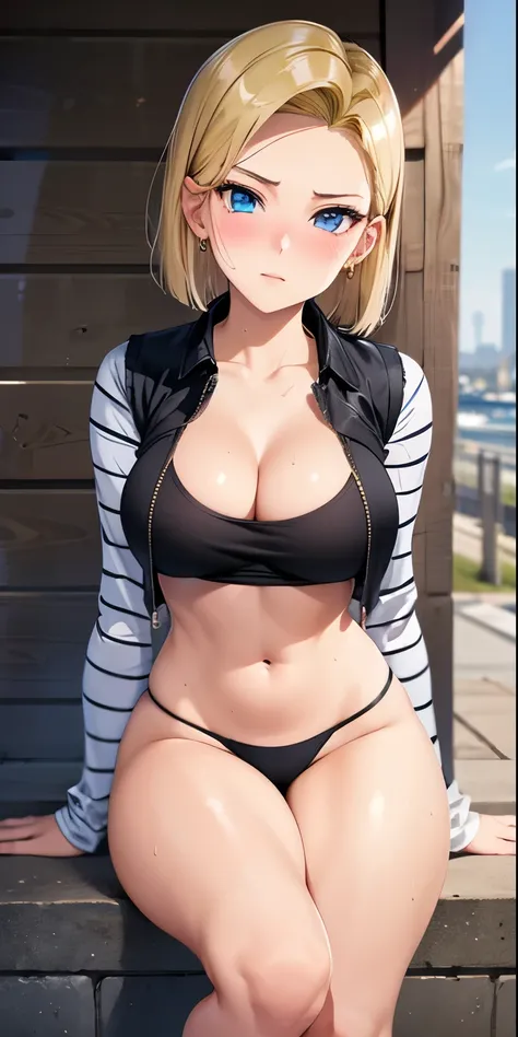 1 Female,High definition,high resolution,Ultra-realistic,8K,and18, 1girl, android 18, solo, blonde hair, blue eyes, short hair, earrings, jewelry, denim vest, open vest, black shirt, striped long sleeves, large breasts,black thong,European,sexy,Upper body ...