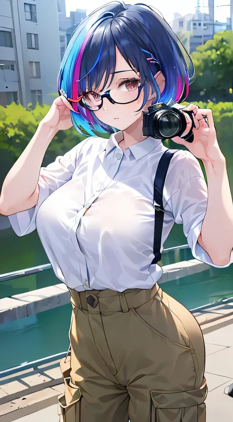 (Glasses girl),(Rainbow Hair、 WOMAN WITH COLORFUL HAIR :1.3),(Shiny bob cut hair), hair ornament, natural makeup,((( dowel cargo pants :1.3,oversized workwear :1.3))),Field Work Site,(Chest slip), (detailed clothing features,Detailed hair features, detaile...