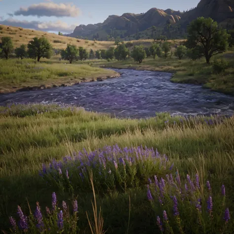 cinematic film still of cinematic film large filed with mountains in back ground and covered in purple wildflowers , rivers runn...