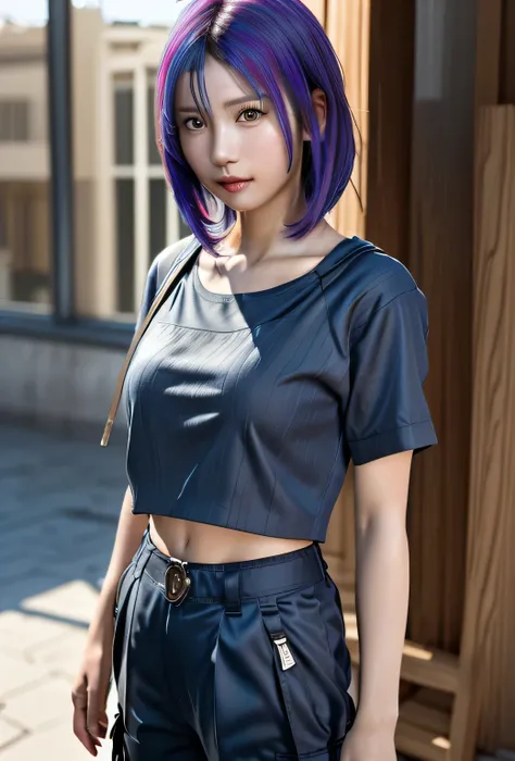 (Rainbow Hair、 WOMAN WITH COLORFUL HAIR :1.3),(Shiny bob cut hair), hair ornament, natural makeup,((( dowel cargo pants :1.3,oversized workwear :1.3))), Photographing tourist spots with an SLR camera,(Chest slip), (detailed clothing features,Detailed hair ...