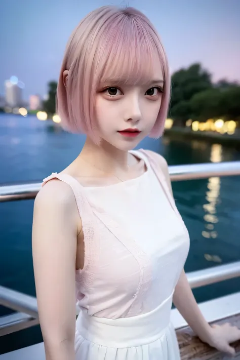 (Genuine, High Resolution: 1.3), 1 Perfect Body Girl, Selfie Angle, Close-up, A young woman with short bob pink hair is wearing a white top, leaning against a railing and looking at the camera with a slightly sad expression. In the background is a watersid...