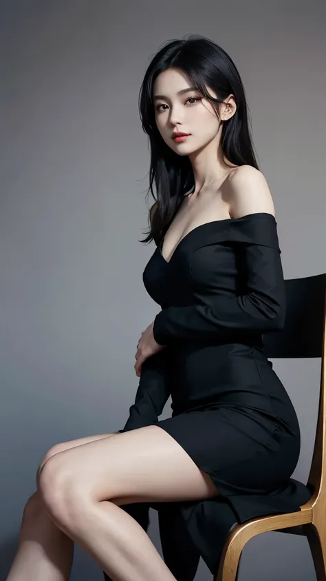 A stunning woman wearing a sleek black dress, sitting elegantly on a modern chair. She has long flowing hair and wears high heels that complement her dress. The setting is minimalistic, with soft lighting that highlights her poised and graceful demeanor. T...