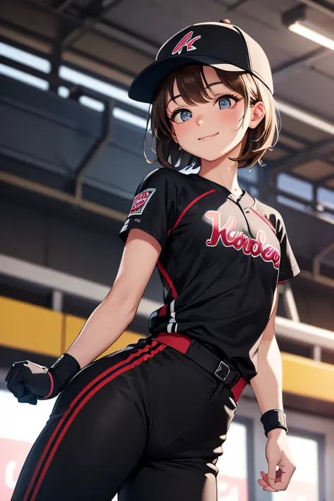 High Quality ,HD,16k,Sharp Lines, 1 girl ,Female softball player ,Gloves on both hands, cute face, small breasts,At the softball venue,black baseball team wear,pants, focus girl at gymnastics venue, detailed,Fine clothes, beautiful eyes,nice,Black Hat, b...