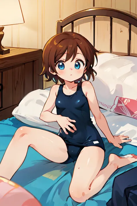 Helga Haruka,  blue eyes,  brown hair,  Short Hair ,,  1 girl , old school swimsuit， Love Hotel、 bed