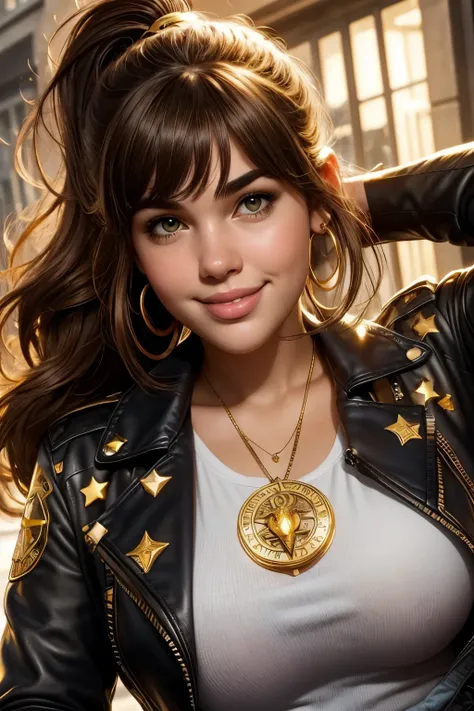 absurd quality. natural lighting . hyperrealism . fantastic illustration in comic book style . A plus-size girl , brown hair with bangs and ponytail , , shy smile , Wear a leather jacket with gold stars on the shoulders over a whit...