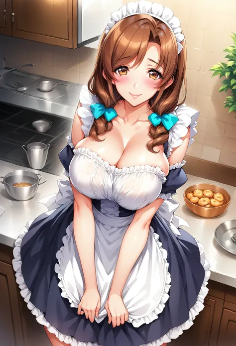 score_9, score_8_up, score_7_up, 1girl, Myoudou Maasa, brown hair, shoulder-length, twin tails, brown eyes, maid, kitchen, smile, happy, shy, solo, looking at viewer, sexy, slim, curvy body, mother, mature female, mid thigh