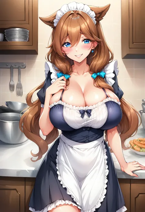 score_9, score_8_up, score_7_up, 1girl,Saizel Haurisia, brown hair, long hair, blue eyes, kemonomimi, maid, kitchen, smile, happy, shy, solo, looking at viewer, sexy, slim, curvy body, mother, mature female, mid thigh