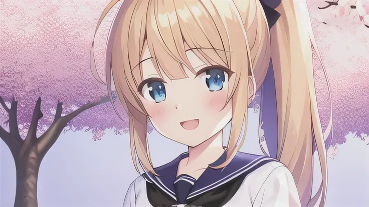 masterpiece,  best quality,  high definition , Game CG,  1 girl , ,Ponytail, blue eyes, viewers,Ponytail,Blue Eyes,  bangs,Blonde, sailor suit ,Droopy eyes,Align your bangs,smile,Im watching , I have all my bangs, upper body,cherry blossoms,Ahoge,