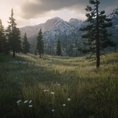 cinematic film still of cinematic film  up a really snowy mountain,  snow, dead trees,wildlife loads of flowers, trees , pathways, cowboy riding horses , outdoors,sky,cloud,tree,grass,ground,wildflowers, epic, Western, adventures, outlaw, Red Dead, Western...