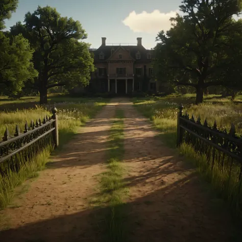 cinematic film still of cinematic film still of  large mansion  house big gate at the end of pathway, trees and pathway leading ...