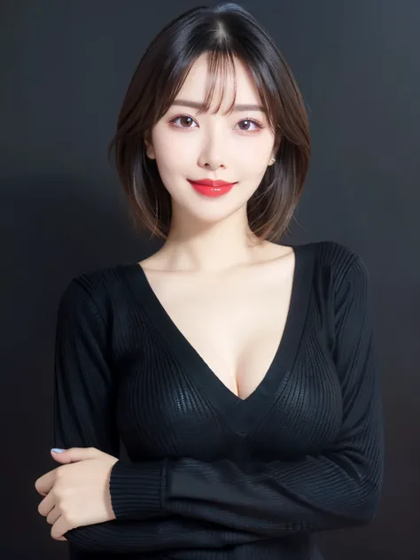 (Highest quality、Tabletop、8k、Best image quality、Award-winning works)、Cute beauty、(Short Bob Hair:1.1)、(The perfect all black V-neck long sleeve knit:1.5)、(The simplest pure black background:1.5)、(Face close-up:1.4)、(Very large breasts:1.2)、(Cleavage:1.2)、A...