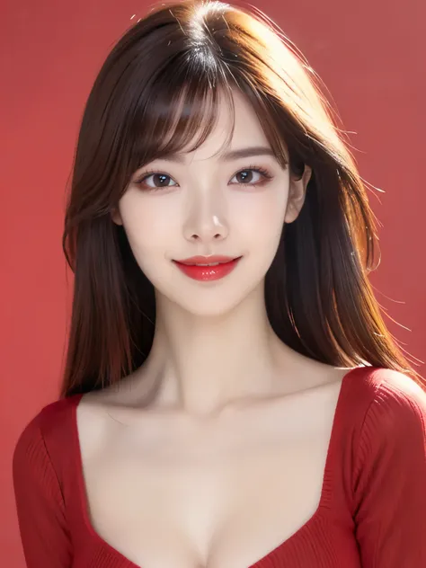 (Highest quality, Tabletop, 8k, Best image quality, Award-winning works), Cute beauty, (Medium Hair:1.1), (The perfect all Red V-neck long sleeve knit:1.5), (The simplest pure Red background:1.5), (Face close-up:1.4), (Very large breasts:1.2), (Cleavage:1....