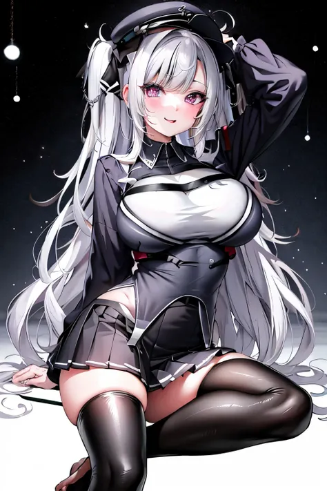 anime big breast，black lence stockings，feet to the audience，school uniform，white color hair。