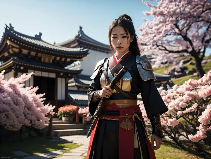 Japanese samurai with a scar under her eye and a sad face, wearing black and red armor", black and red katana and katanero with nice details drawn, samurai, portrait, 8k resolution concept art by Greg Rutkowski, background of a temple and a landscape with ...