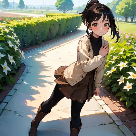 ( High Quality ,  high definition , Very detailed, reality:1.37), Peaceful atmosphere, (Outdoor, garden),  teenage girl standing alone,  Beautiful details,  cute smile with blush, ( BLACK HAIR PONYTAIL ), Ribbed sweater,Brown skirt, Black tights,  brown bo...