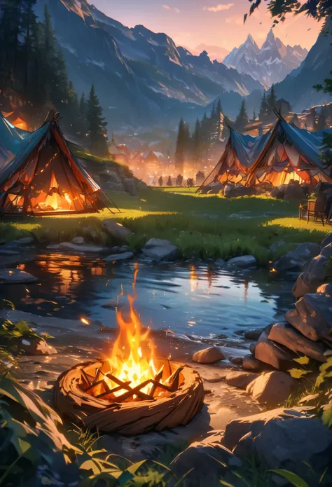 score_9, score_8_up, score_7_up,(masterpiece,best quality,high resolution,ultra sharp focus,crisp quality,rich contrast,Cinematic Lighting, ethereal light, intricate details,full colored, HDR, UHD,8k,detailed background is beautiful),Cozy campfire surround...