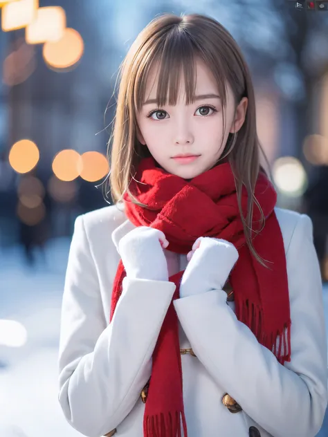 (Close-up face shot of one slender small breasts half up blonde long hair with bangs girl in a winter white long coat and red scarf:1.5)、(One blonde hair girl is turn around with holding  a gift box with gloves in hand with sad face:1.5)、(Very beautiful Ch...