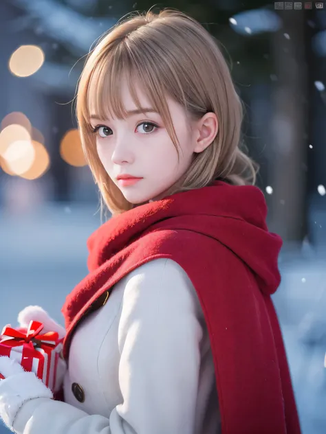 (Close-up face shot of one slender small breasts half up blonde long hair with bangs girl in a winter white long coat and red scarf:1.5)、(One blonde hair girl is turn around with holding  a gift box with gloves in hand with sad face:1.5)、(Very beautiful Ch...