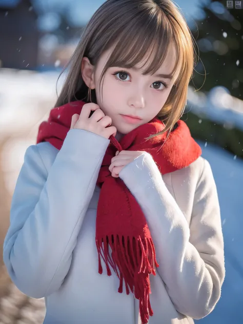 (Close-up face shot of one slender small breasts half up blonde long hair with bangs girl in a winter white long coat and red scarf:1.5)、(One blonde hair girl is turn around with holding a gift box with gloves in hand with sad face:1.5)、(Very beautiful Ch...
