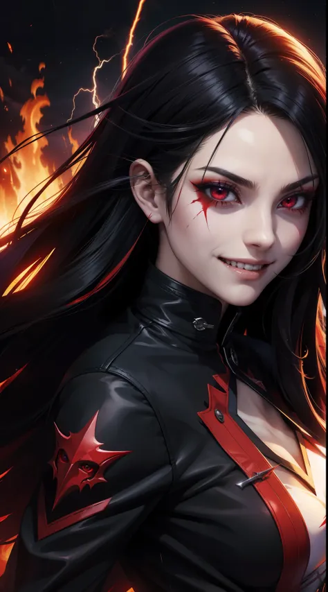 1girl, flying hair, red eyes, fire witch, blood on face, light particles, lightning rays, wallpaper, colorful, high contrast, vampire, smirk, evil smile, psychopathic smirk, psychopathic smile, tilted head