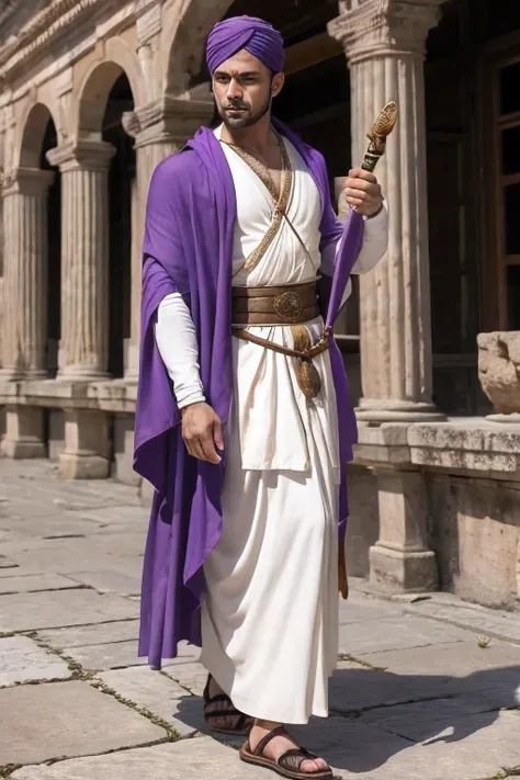 Man on ancient Roman clothing with purple turban cloak and cane in hand