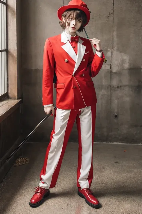 clown man cute red and white border suit with cane