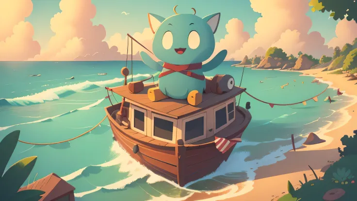  casual mobile game promotional image， horizontally， cartoon style ，There is a sea ，Circles，Boat，Person standing at the head of a boat， time is dusk ，The sun 