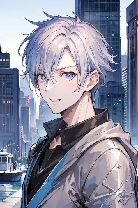 Young man, grey hair, blue eyes, toothy smile face, handsome man, casual wear clothes, modern style cool boy, bad boy, tall man, close up camera, city background