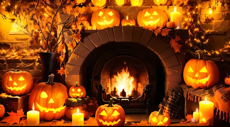 a close up of a fireplace with candles and carved pumpkins, Atmosfera de Halloween, halloween scene, tema de halloween, creepy and scary atmosphere, roaring fireplace, ❤🔥🍄🌪, Bright pumpkins under a tree, spooky tema de halloween, halloween celebration,  Ha...