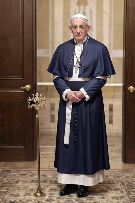 The popes cane in his hand, navy blue clothes