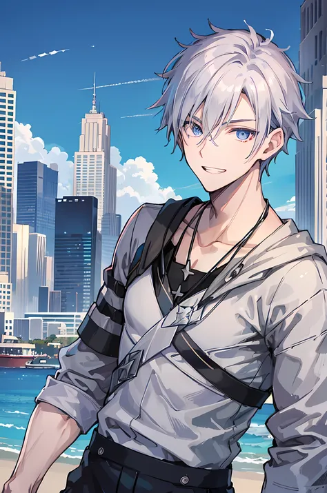 young man, grey hair, blue eyes, toothy smile face, handsome man, casual wear clothes, modern style cool boy, bad boy, tall man,...