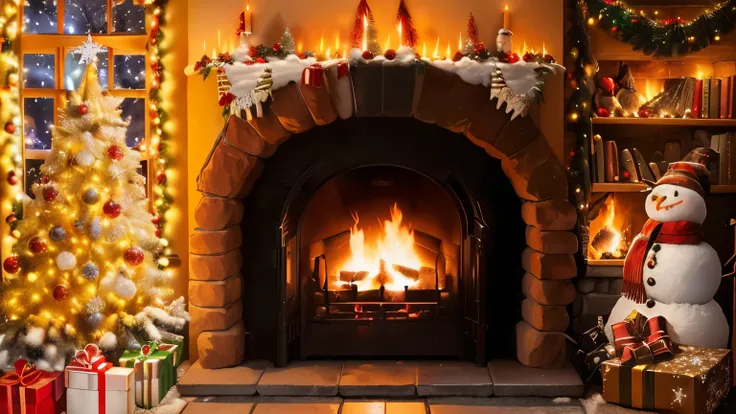 fireplace with christmas decorations and a snowman in front of it, cosy fireplace, warm fireplace, in front of a fireplace, fireplace, fireplace rugindo, fireplace lighting, traditional fireplace, roaring fire,  cozy home background ,  cozy wallpaper , Bea...