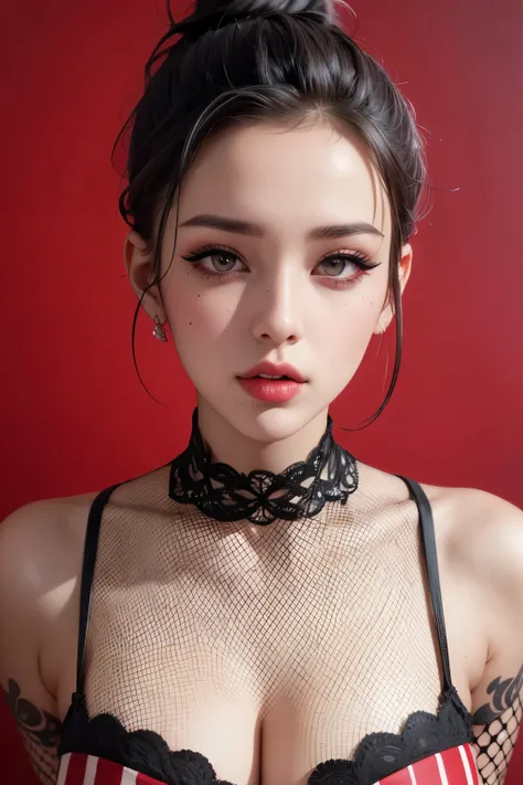 Amazing portrait of a sexy woman with her hair tied back in a high bun with her eyes emphasised by smokey eyeliner gazing at us seductively with her perfect lips parted wearing a red dress with black laces and fishnets