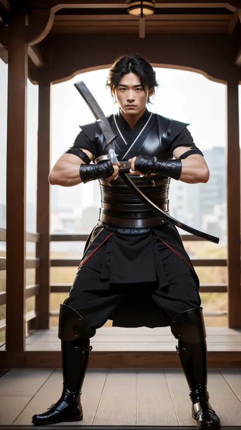 (8k, photograph), ( full body image ,  model body type ), A kendo practitioner holds a sword, Extend your right arm forward, muscle, young,  a wild and attractive Japanese man, Detailed facial sculpt, Disheveled Hair,  samurai,  Future Cities 