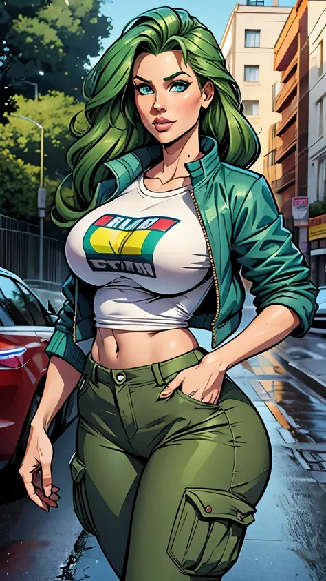 Tall stature, long, wavy green hair.  Bright and expressive light blue eyes. She was wearing cargo pants, a printed t-shirt and a waterproof jacket, big ass, big hip. Busty. Comic style