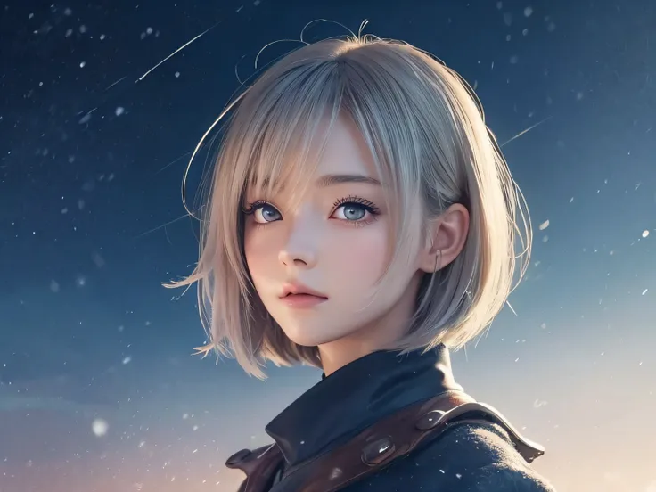 beautiful女の子が赤いマフラーに白いコートを着て、Looking at the camera from a distance,  watercolor illustration , Grey Bob Hair,  firm hair , Falling snow, Night Scenery、Backlight、beautiful digital illustration,  fantasy background, beautiful, masterpiece,  best quality,  an...