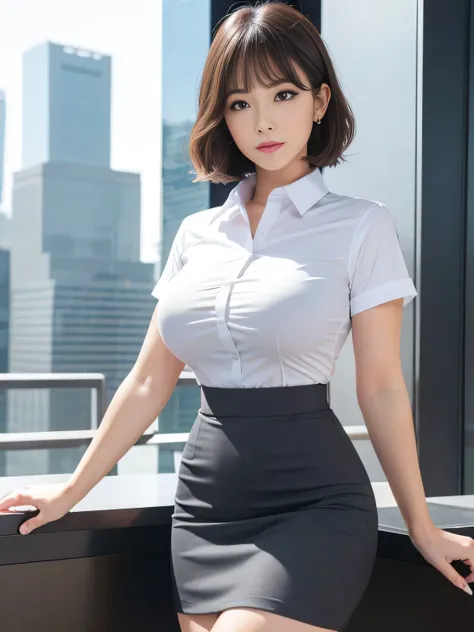 Tight-fitting business shirt, Just-fitting short sleeve, High-waist pencil skirt, (Shirt tucked into skirt:1.3), Tights, Office district, Skyscrapers in the background,
4K Quality, (High Resolution:1.2), (Realistic photo:1.2), (Raw photo:1.1), (Extremely d...