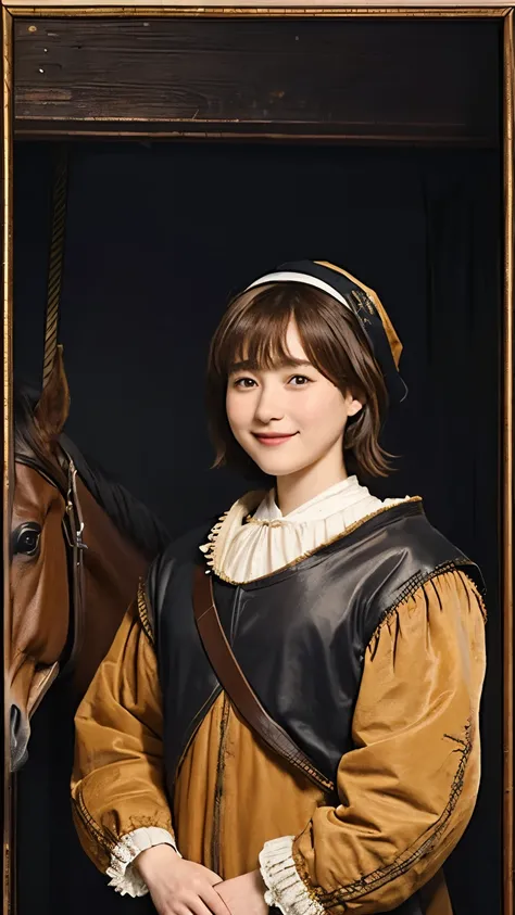 326 ( 20 year old woman and 20 year old man working in a stable), ( super real ), (horse barn、There is a horse), ( shorthair), (smile), (( gorgeous costume)), ((Rembrandt-style painting))