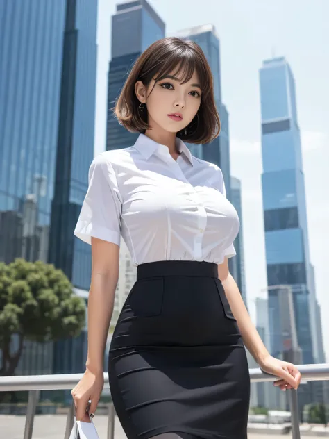 tight-fitting business shirt, just-fitting short sleeve, high-waist pencil skirt, (shirt tucked into skirt:1.3), tights, office ...