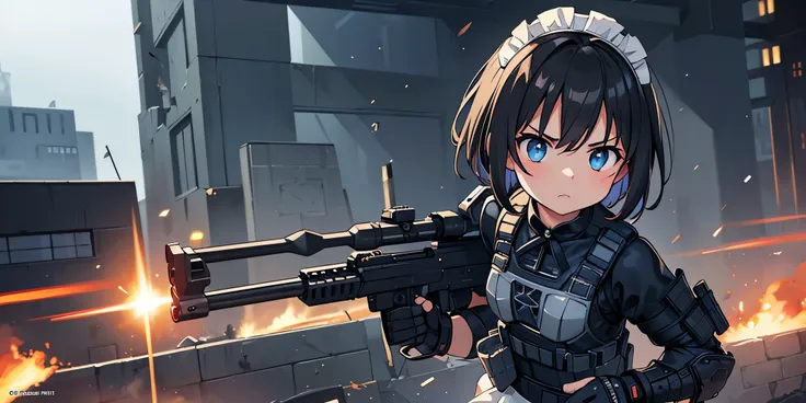 (Anime style),high quality, 1girl, 1girl solo, Tactical maid, maid outfit, tactical outfit, (((tactical rigid chest protector))), tactical gloves, tactical command, tactical accessories, explosions in the background, gun standoff scene, in the middle of cr...