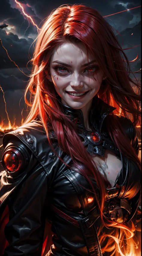 1girl, flying hair, red eyes, fire witch, blood on face, light particles, lightning rays, wallpaper, colorful, high contrast, vampire, smirk, evil smile, psychopathic smirk, psychopathic smile, tilted head