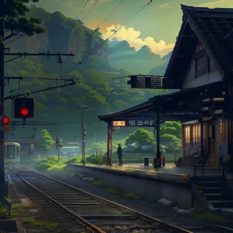 there is a train coming down the tracks at a train station, train station background, beautiful anime scene, immensely detailed scene, beautiful detailed scene, great digital art with details, anime background art, train station, tokyo anime scene, andreas...