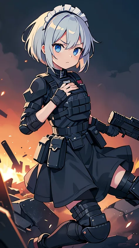 (Anime style),high quality, 1girl, 1girl solo, Tactical maid, maid outfit, tactical outfit, (((tactical rigid chest protector))), tactical gloves, tactical command, tactical accessories, explosions in the background, gun standoff scene, in the middle of cr...