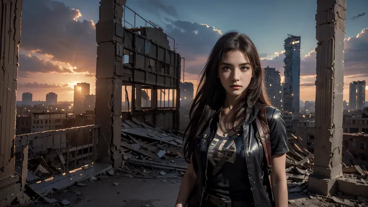 masterpiece, high res,8K,(Portrait Photos:1.5),(R Original Photo),Reality,Digital Photography,(Apocalyptic ruins ),City ruins，beautiful 20 year old woman，sentry， post-apocalyptic scene，Medium distance photography， torn clothes 