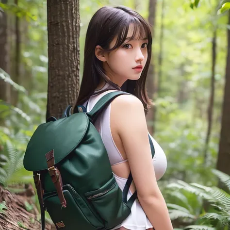 masterpiece, best quality, ultra-detailed, realistic, (photogenic:1.3),(1girl:1.3),(rucksack:1.2),(panty:1.3),(sexy:1.5),(forest)