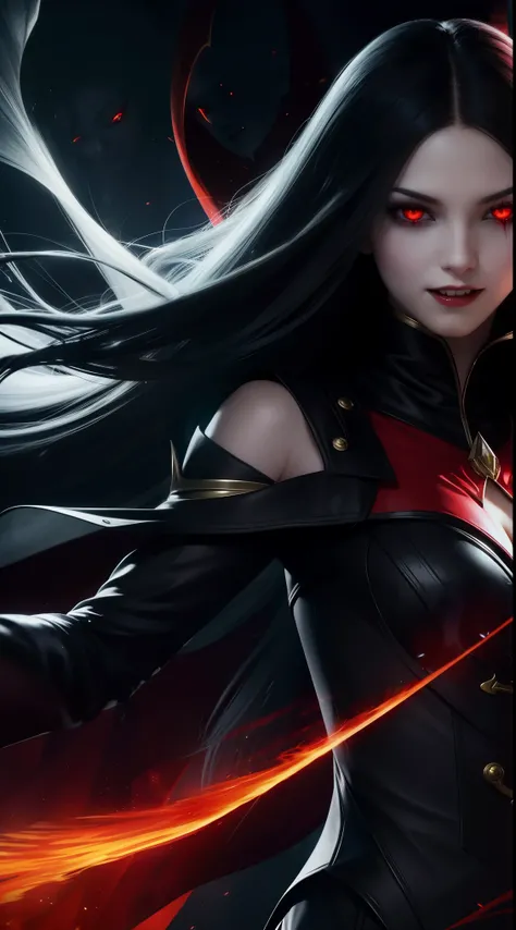 1girl, flying hair, red eyes, fire witch, blood on face, light particles, lightning rays, wallpaper, colorful, high contrast, vampire, smirk, evil smile, psychopathic smirk, psychopathic smile, tilted head