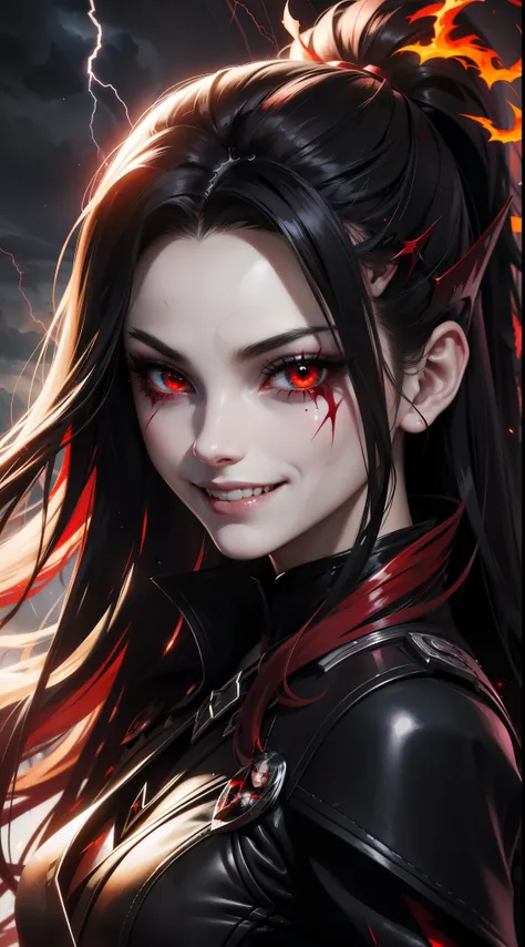 1girl, flying hair, red eyes, fire witch, blood on face, light particles, lightning rays, wallpaper, colorful, high contrast, vampire, smirk, evil smile, psychopathic smirk, psychopathic smile, tilted head