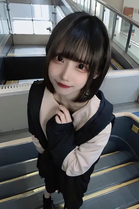 A young woman with short brown bobbed hair standing on an escalator, looking up at the camera with a soft, slightly smiling expression. She is wearing a navy blue tracksuit with white stripes on the sleeves and a black backpack. A small pouch is attached t...